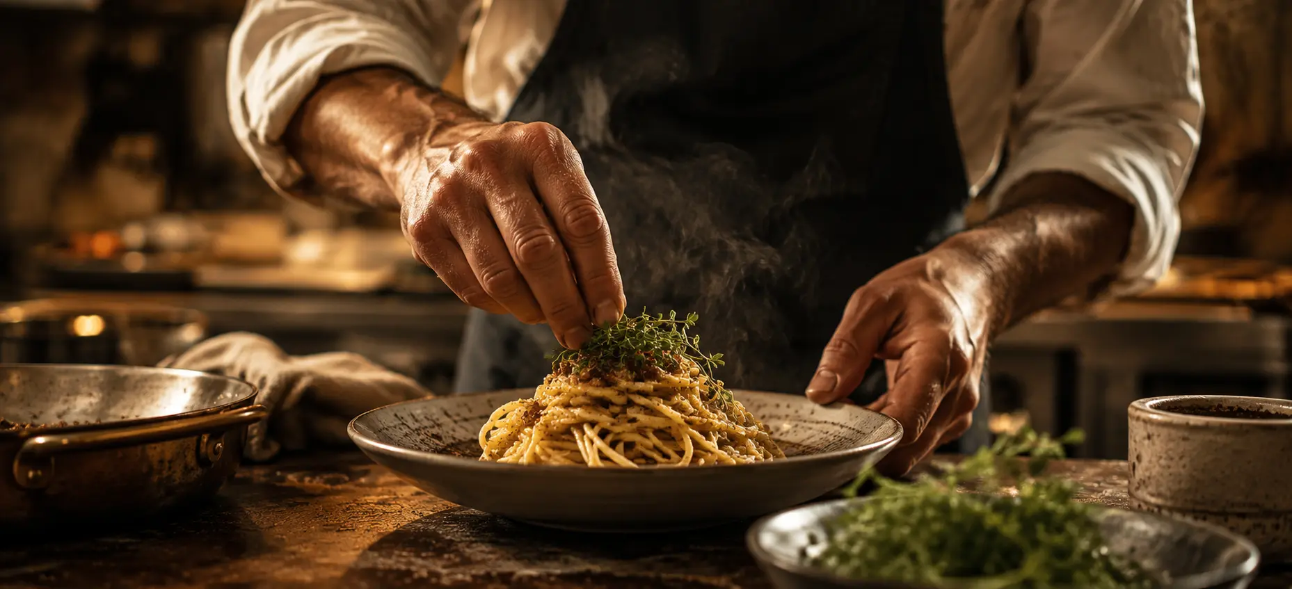 Chef plating a dish in the kitchen