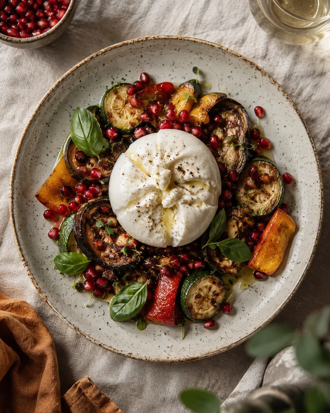Burrata plate with roasted vegetables and pomegranate