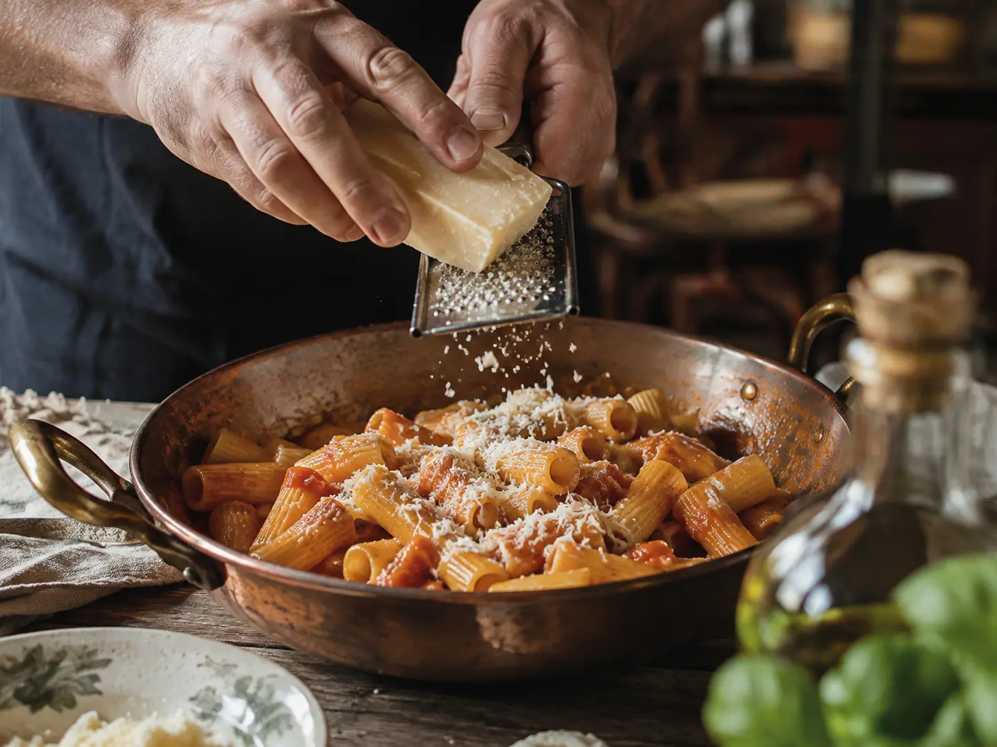 Grated cheese being poured over a pasta dish