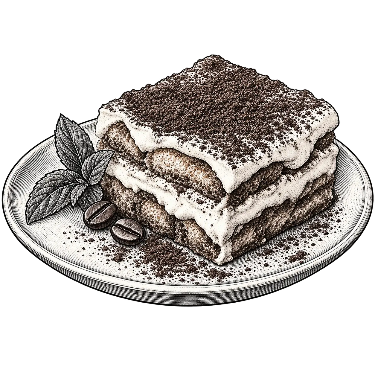 Line illustration of a slice of tiramisu